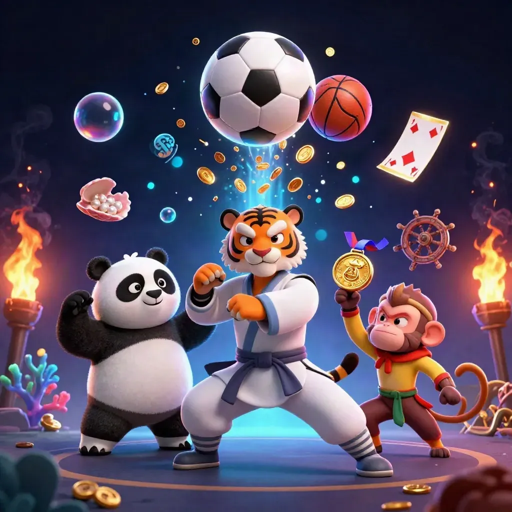 Kung-fu tiger, panda, and monkey amid coins, coral, balls, and glowing casino energy.