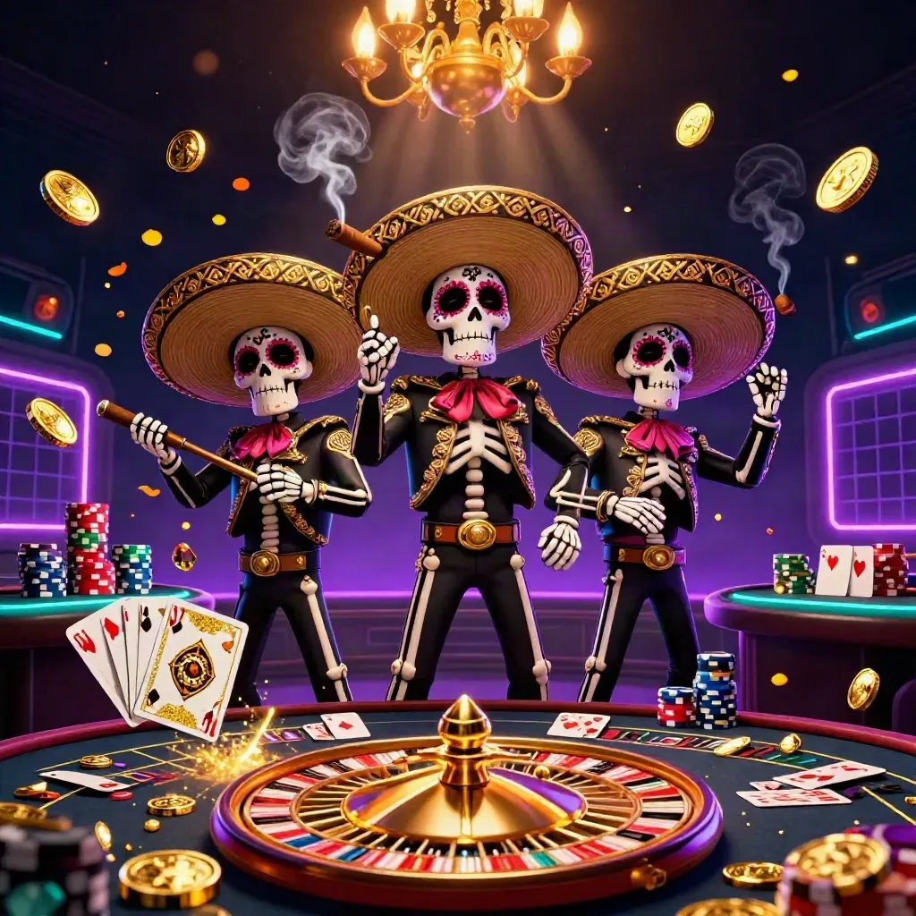 Day-of-the-Dead mariachi skeletons amid casino lights, coins, cards, chips, and a spinning roulette wheel