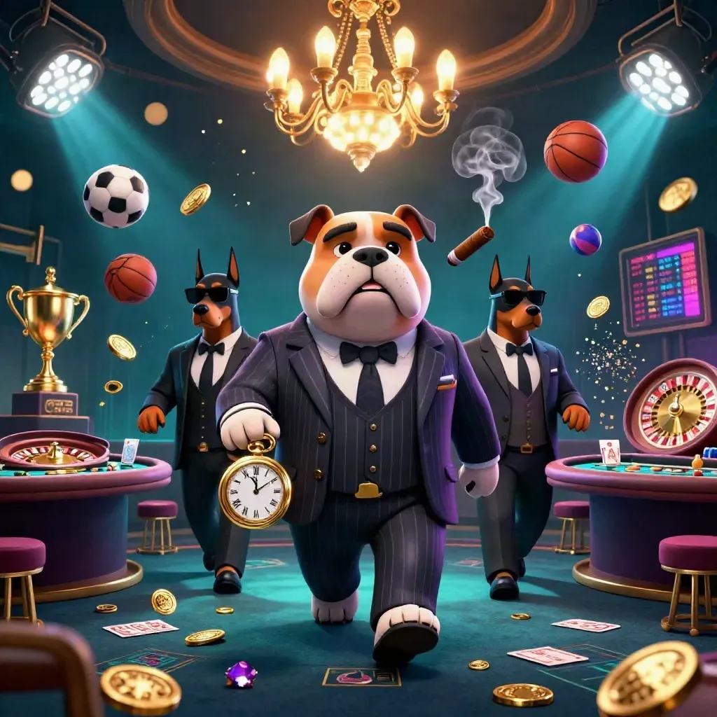 Bulldog mafia boss and Dobermans in a luxe casino storm of balls, coins, trophy, teal-purple glow.