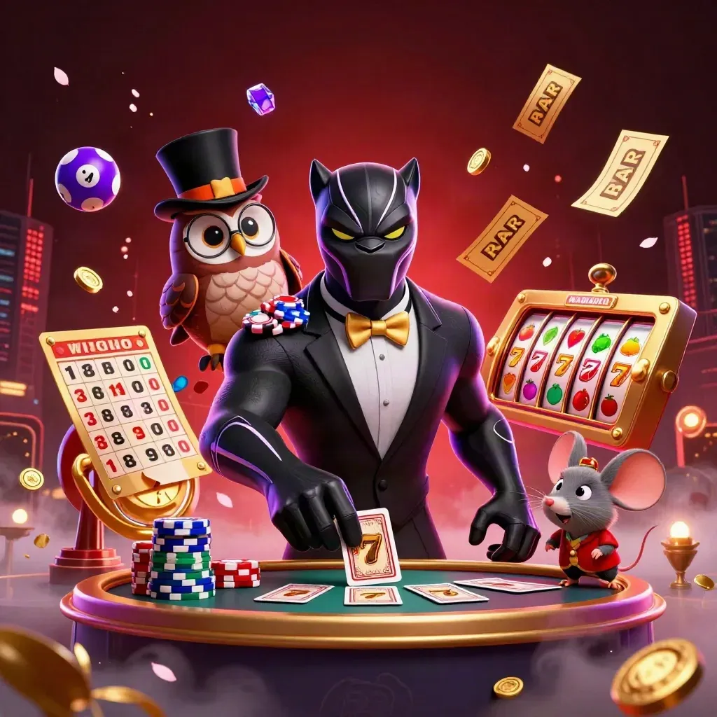 Panther, owl and mouse casino heroes amid jackpots, cards, chips and glowing purple effects.