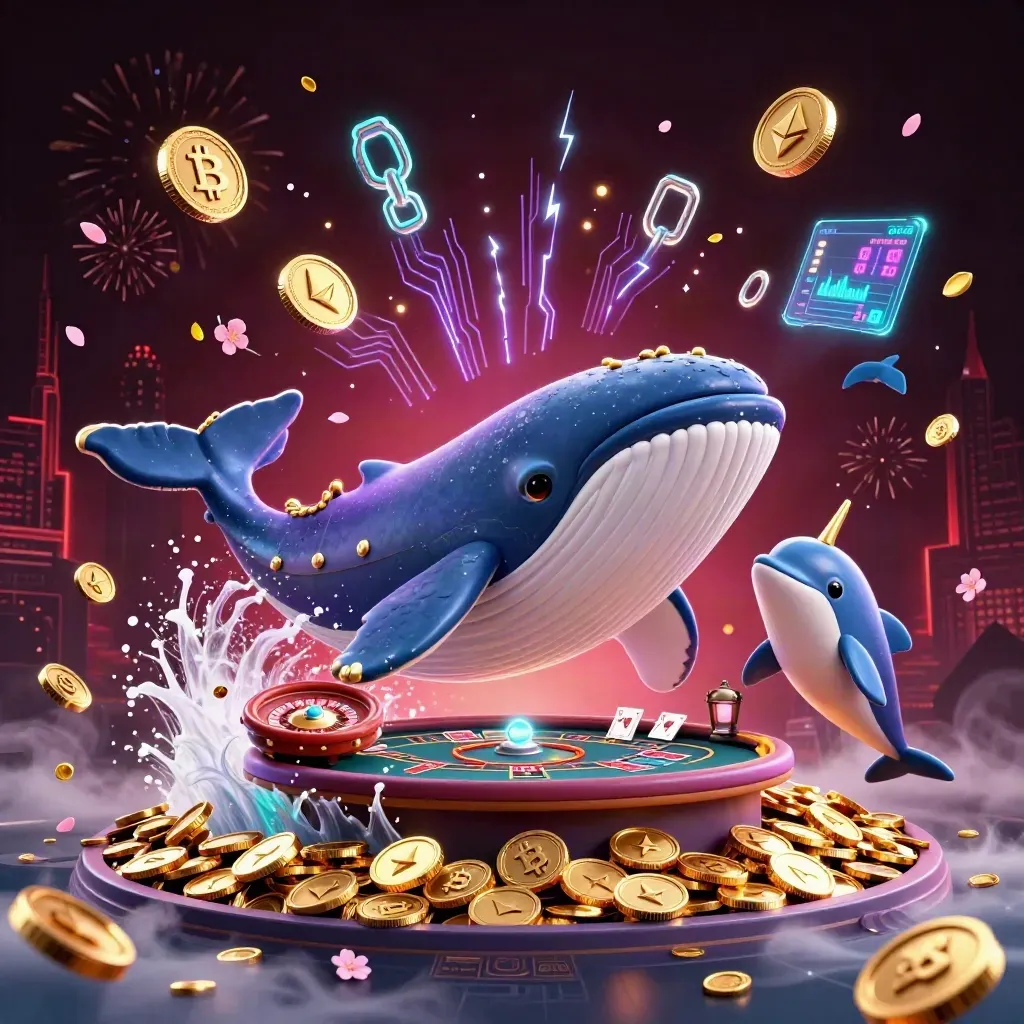 Whale, narwhal, and dolphins burst through coins with casino effects and neon lights.