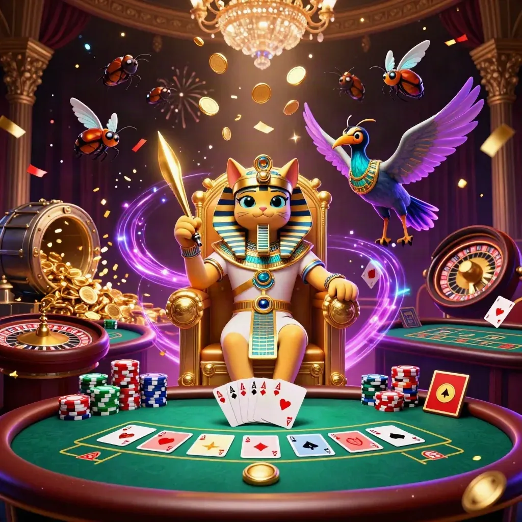 Pharaoh cat, ibis scribe, and gem-wing scarabs amid casino chips, cards, coins, and fireworks.