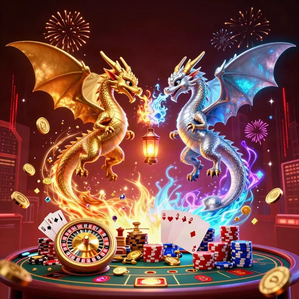 Twin gold and silver dragons with coins, roulette wheel, chips, and a tiny lantern spirit in a neon casino burst.