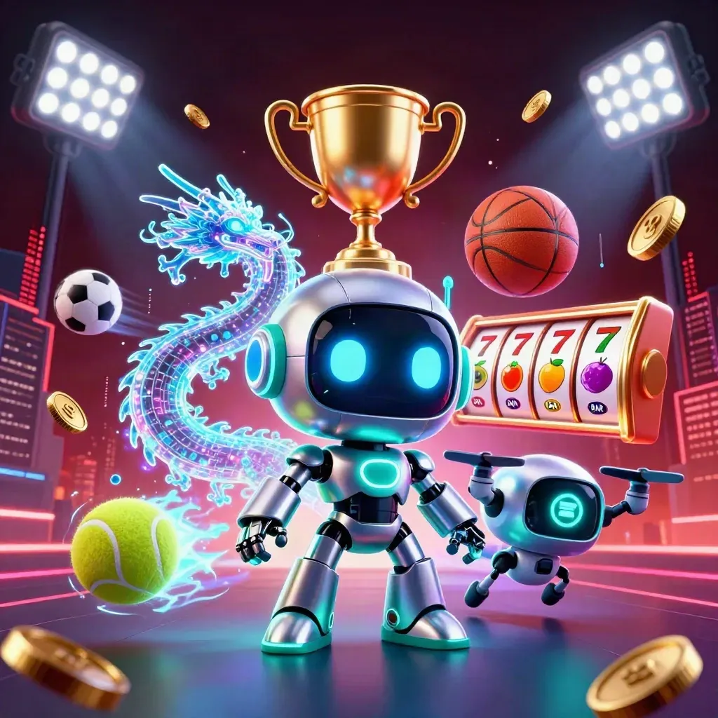 Cyberpunk robot, holographic dragon, and coin drone amid casino icons and glowing effects.