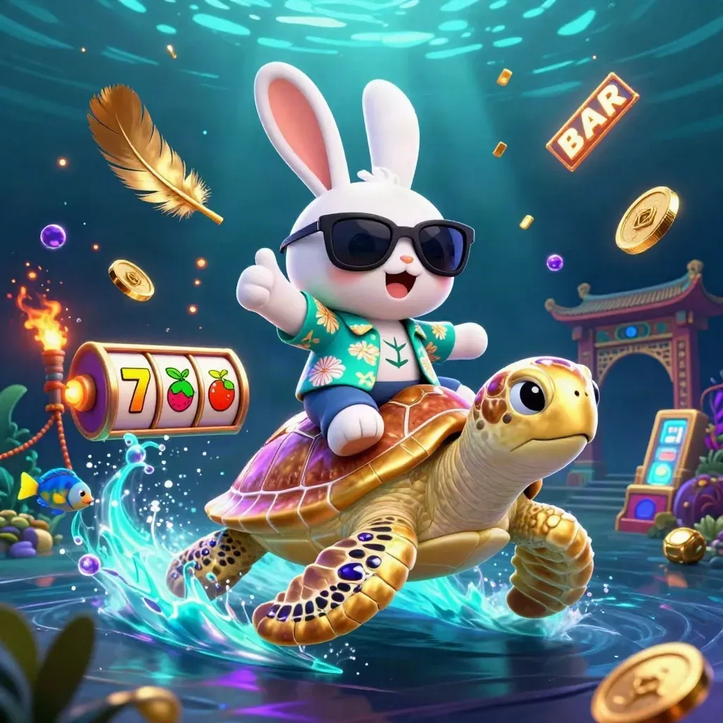 Rabbit on a golden turtle in an underwater casino scene with coins, reels, and neon glow.